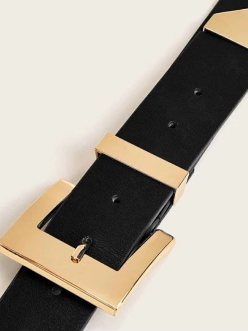 Dramatic Black Vegan Leather Belt With Double Bright Gold Buckles.